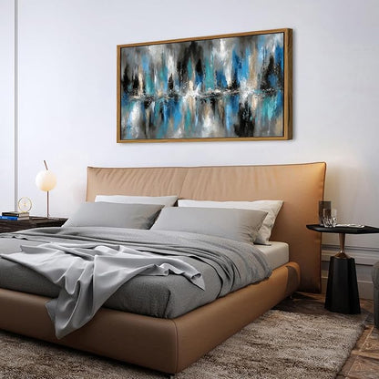 Abstract Blue and Grey Wall Art Framed Vintage Wall Decor Modern Artwork Prints for Living Room Minimalist Black and White Fantasy Lines Pictures Artwork Office Kitchen Bedroom Home Decorations 30x57.8"