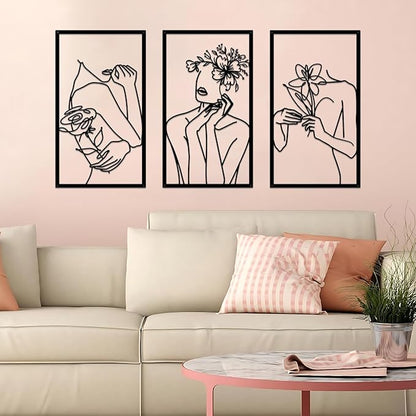 ESTART 3 Pieces Metal Minimalist Abstract Woman Wall Art Line Drawing Women Body Shape Wall Sculptures Single Line Female Flower Home Wall Art Decor for Bedroom Bathroom Living Room Kitchen