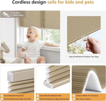 LazBlinds Cordless Cellular Shades, Light Filtering Honeycomb Shades for Home, Thermal Insulation Noise Reduction Blinds for Windows, 22'' W x 64'' H, Taupe