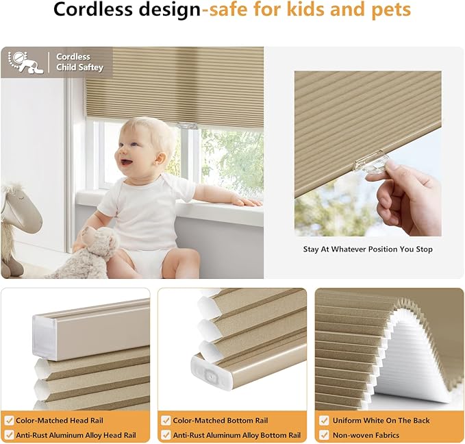 LazBlinds Cordless Cellular Shades, Light Filtering Honeycomb Shades for Home, Thermal Insulation Noise Reduction Blinds for Windows, 20'' W x 64'' H, Taupe