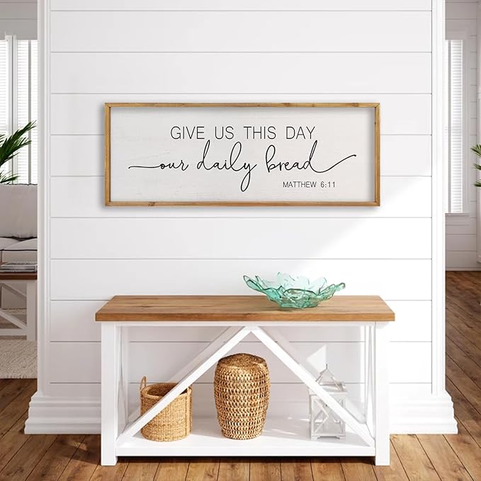 comurdyo Dining Room Wall Decor Give Us This Day Our Daily Bread Sign 32"x12" Religious Catholic Praye Matthew 6:11 Bible Verse Quotes Plaque Modern Simple Kitchen Dining Room Wall Hanging (Wood)