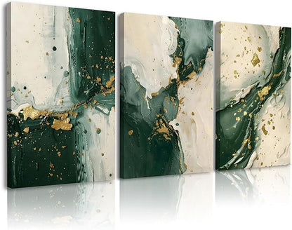 3pcs Emerald Green Wall Decor Living Room,Modern Green and Gold Marble Abstract Canvas Wall Art Painting Prints,Minimalist Framed Wall Art for Bedroom Office Home Decoration,Ready To Hang,12x16in