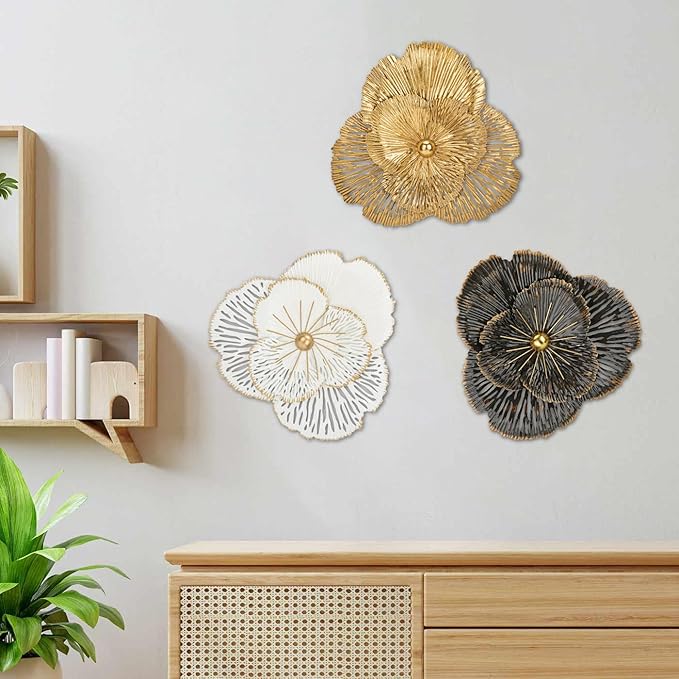 DILATATA 3 Pcs Metal Flower Wall Art Set 10 Inch Rustic Modern Floral Sculpture 3D Metal Flower Wall Hanging Accent for Indoor Living Room Bedroom Kitchen Bathroom Garden Patio Decor - Mixcolor