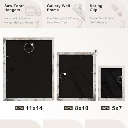 Frametory, Gallery Wall Frame Set of 7 Multiple Sizes 11x14, 8x10, 5x7 Picture Frame Collage with White Mat for Prints, with Real Glass (Distressed White)