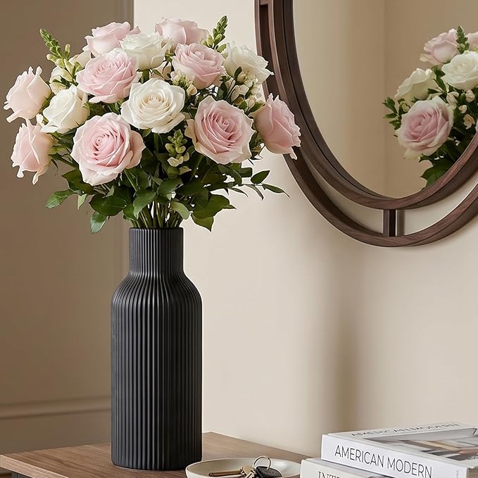 Large Black Tall Ceramic Vase,Modern Smooth Vertical Ribbed, Nordic Minimalist for Pampas Dried & Fresh Flowers, Home Decor for Living Room, Coffee Table, Bookshelf, Entryway, Farmhouse