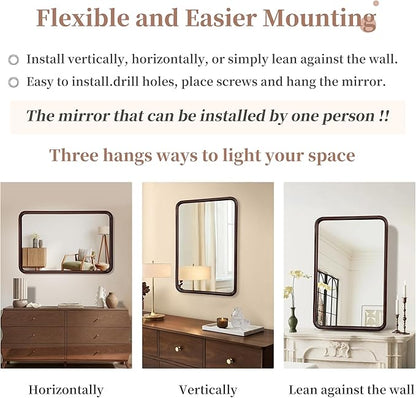Bathroom Mirror for Wall,Wood Rectangle 24 x 36 inch Hanging Vatiny Tempered Mirrors with Rounded Corner for Living Room,Bedroom,Entryway