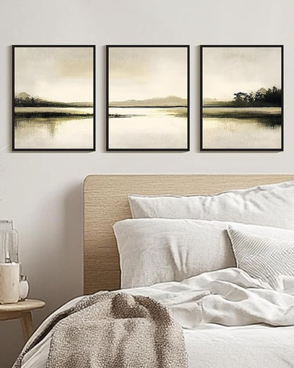 Drsoum Vintage Black Gray Abstract Laker Landscape Wall Art Framed Brown Tan Neutral Prints Minimalist Modern Rustic Artwork Bedroom Living Room Ready to Hang 11x14in Black Framed