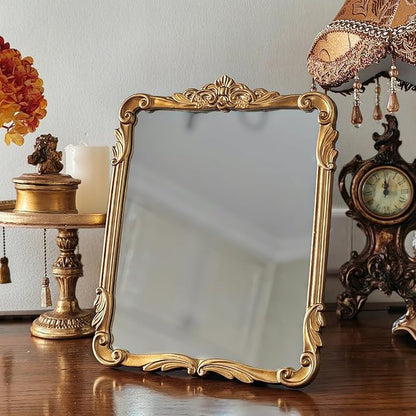 SIKOO 8x10 Inch Vintage Mirror Bronze Decorative Wall Mirror Makeup Mirror for Table Antique Home Decor Ornate Brass Arch Wall Art Resin and Premium Glass