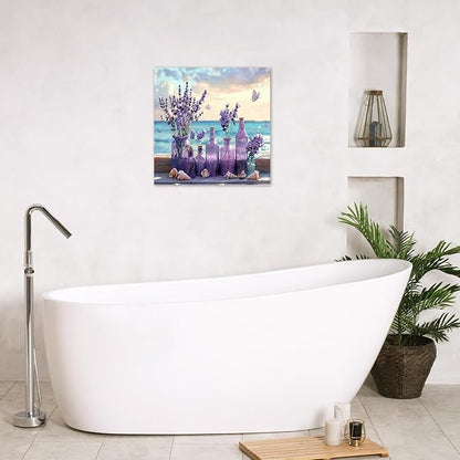 LB Ocean Purple Lavender Wall Art Purple Flower in Vase with Butterfly Canvas Wall Art Blue Sky and White Cloud Wall Art Decor for Living Room Bedroom Bathroom Office Framed Ready to Hang 12L x 12W