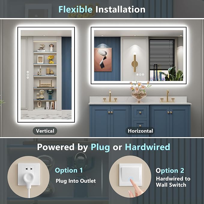 60x30 Black Framed LED Bathroom Mirror with Lights, Backlit and Front Lit Anti-Fog Lighted Vanity Mirrors for Bathroom Wall, Dimmable, 3 Colors, Memory, HD Tempered Glass, Horizontal/Vertical