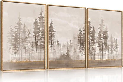 Beige Foggy Pine Tree Framed Canvas Wall Art Set,Modern Misty Forest Wall Decor,Nature Landscape Brown Art Print for Living Room,Bedroom-24 x36 x3