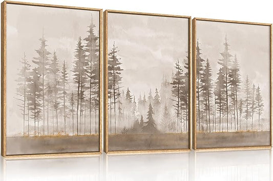 Beige Foggy Pine Tree Framed Canvas Wall Art Set,Modern Misty Forest Wall Decor,Nature Landscape Brown Art Print for Living Room,Bedroom-24 x36 x3