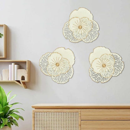 DILATATA 3 Pcs Metal Flower Wall Art Set 10 Inch Rustic Modern Floral Sculpture 3D Metal Flower Wall Hanging Accent for Indoor Living Room Bedroom Kitchen Bathroom Garden Patio Decor - White