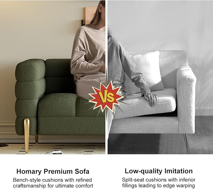 homary Boucle Sofa 79”, Modern 3 Seater Couch with Pillows, Deep Seat Upholstered Sofa for Living Room, Soft Channel-Tufted Design, Solid Wood Frame & Metal Legs(Boucle, Evergreen)