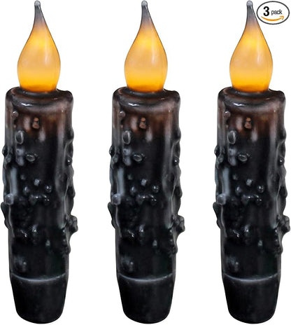CVHOMEDECO. Real Wax Hand Dipped Battery Operated LED Timer Taper Candles Country Primitive Flameless Lights Décor, 4-3/4 Inch, Matt Black, 3 PCS in a Package