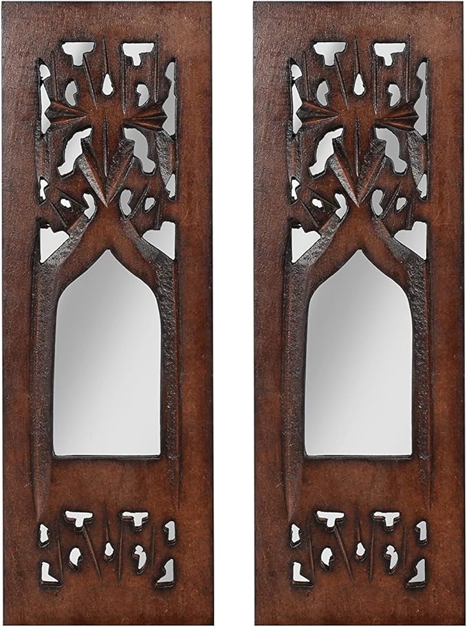 The Wooden Town Wall Hanging Plaques Wall Décor Jharokha With Mirror, Elegant Sculpture Wall Décor Panel to Enhance the Décor of Your Room or Office - 12x4 Inch - Burnt Set of 2