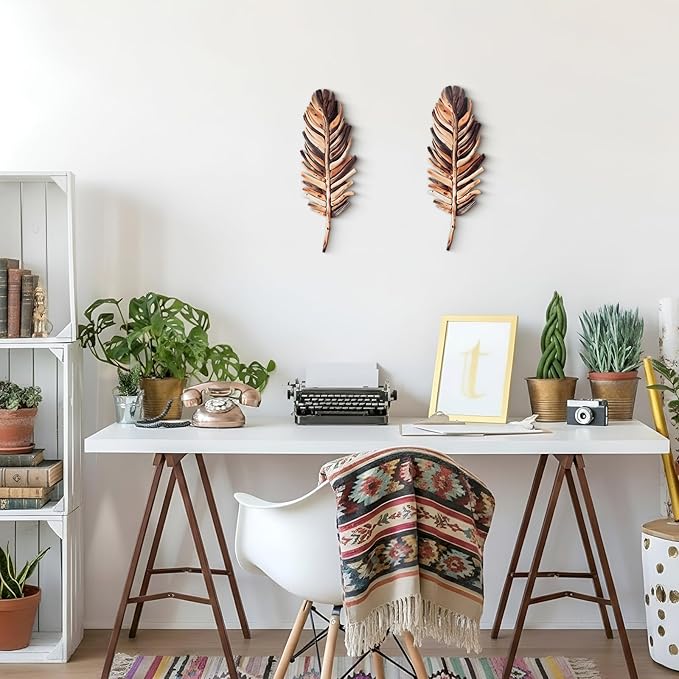 Yerliker 2 Pcs Wooden Driftwood Leaf Wall Art Decor Hanging Sculpture Farmhouse Botanical Hanging Living Room Bedroom Bathroom Kitchen Office Boho Home Decorations 16-5.5''(Vintage Brown)