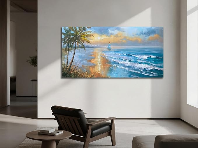 Enartly 3D Textured Seascape Wall Art for Living Room, Ocean Nature Coconut Tree Landscape Canvas Painting Artwork Framed Bedroom Bathroom Hallway Home Office Wall Decor, 48"x24"