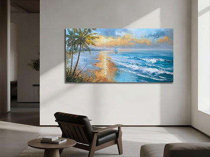 Enartly 3D Textured Seascape Wall Art for Living Room, Ocean Nature Coconut Tree Landscape Canvas Painting Artwork Framed Bedroom Bathroom Hallway Home Office Wall Decor, 58"x29"