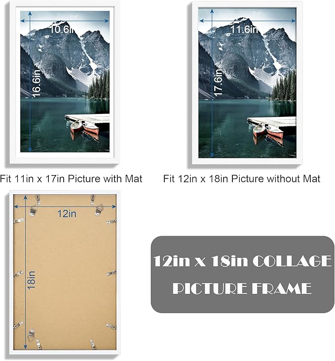 Hongkee 12x18 Frame Set of 3 - Display 11x17 Photo with Mat or 12 x 18 Poster without Mat, Wall Mounting Horizontal and Vertical, White