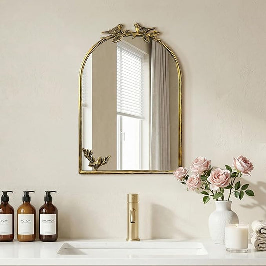 Antique Baroque Vintage Vanity Mirror 22x15Inch, Gold with Ornate Antique Frame, Arched Vintage Wall Mirror for Living Room, Fireplace, Entryway