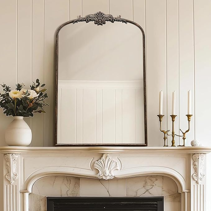 Besdomus Antique Large Arched Mirror: 24"x36" French Arch Black Vintage Wall Vanity Mirror - Traditional Ornate Home Decor for Entryway/Fireplace/Bathroom/Bedroom - Idea for Young Couples