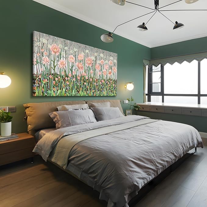 Extra Large Rustic Landscape Plant Wall Art For The Living Room, Pink And Green Natural Floral Canvas Art Print, Warm And Soothing Modern Wall Decor Picture For Living Rooms, Lounges, Bedrooms, And Studies. 58X29 Inches.