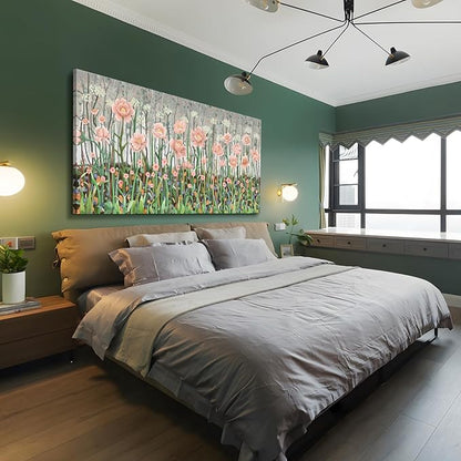 Extra Large Rustic Landscape Plant Wall Art For The Living Room, Pink And Green Natural Floral Canvas Art Print, Warm And Soothing Modern Wall Decor Picture For Living Rooms, Lounges, Bedrooms, And Studies. 58X29 Inches.