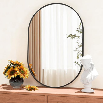 Oval Bathroom Mirror Capsule Wall Vanity Mirror, 24"x36" Pill Mirrors Wall Mounted Mirror, Large Modern Mirror with Black Metal Frame, Decor for Entryway, Bedroom, Living Room