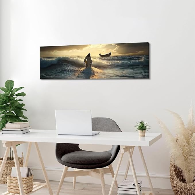 Jesus Walking on Water Wall Art Christian Picture Wall Decor for Living Room Bedroom Vintage Christ Religion Poster Canvas Prints Abstract Sunset Ocean Panoramic Painting Artwork Home Decorations 14x48”