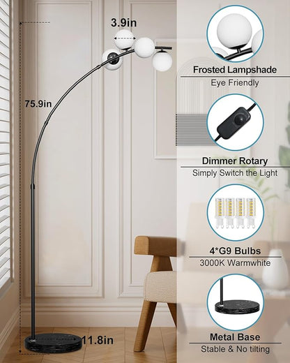 Lightdot Black Arc Floor Lamp for Living Room, 4 Globe Floor Lamp with Shatterproof Shade& Mable Base, Mid Century Modern Tall Standing Lamp for Bedroom/Sofa Beside/Corner Decor(Bulbs Included)