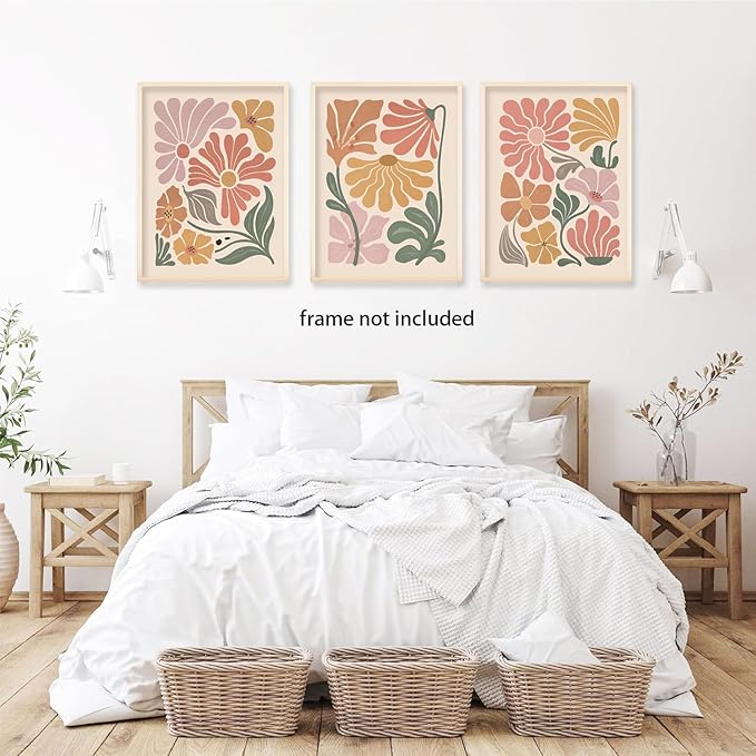 TBKHUDBI Boho Flower Poster Wall Art Abstract Floral Canvas Prints Set of 3 Minimalist Botanical Painting Modern Flower Market Aesthetic Pictures Decor for Living room Bedroom 12"x16" Unframed