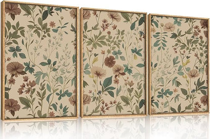 Aryroi Vintage Neutral Floral Earth Tone Botanical Framed Canvas Wall Art Set,Boho Abstract Classic Wildflower Aesthetic Wall Decor,Mid Century Modern Flower Artwork for Living Room Office- 16"x24"x3