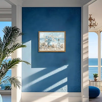 Framed Beach Canvas Wall Art, Blue Coastal Pictures Wall Decor Paintings, Ocean with White Floral Shell Poster Prints, Modern Seascape Artwork Home Decor for Living Room Bathroom 12x16 inch