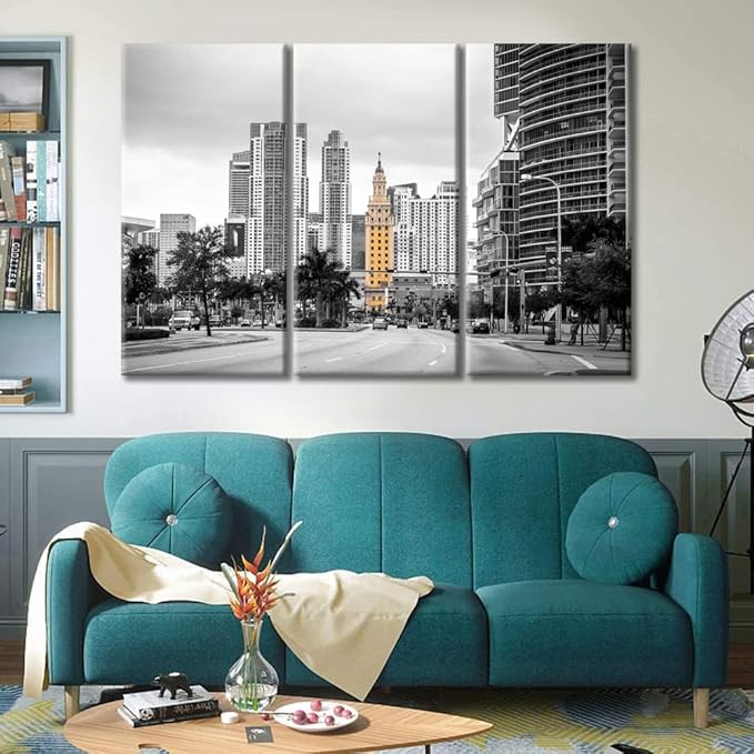 TUMOVO American Cityscape Canvas Wall Art Miami USA Downtown City Skyline Artwork Pictures Black and White Wall Art 3 Panel Posters and Prints Framed Ready to Hang (60" Wx40 H)