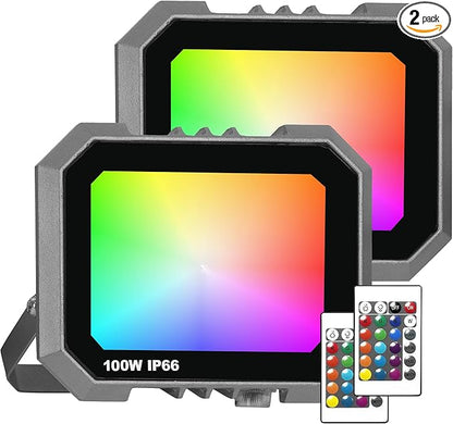Leddictive 2 Pack RGB LED Flood Light 100W, 1000W Equivalent 10000 LM Outdoor Landscape Flood Lights with 2 Remote, IP66 Waterproof Outdoor Light for Christmas Party Stage Uplight Wall Wash
