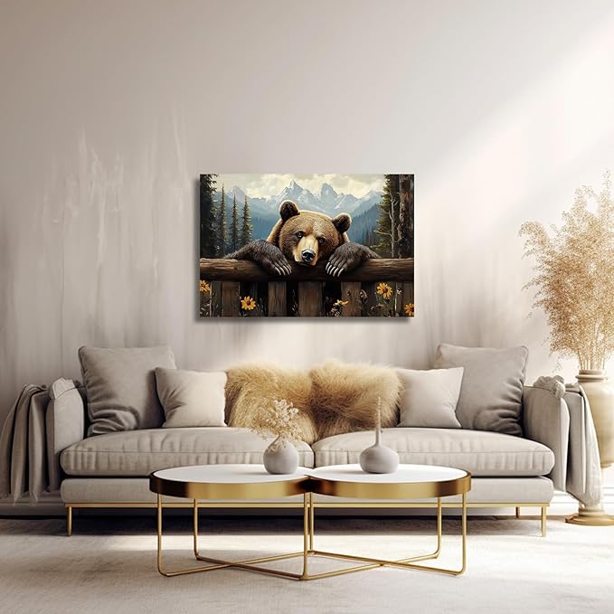 XLMDYYSW Bear Canvas Wall Art Brown Bear Pictures Wall decor Rustic Woodland Wildlife Print Forest Wild Animal Painting for Living Room Bedroom Cabin Framed (24L x 36W)