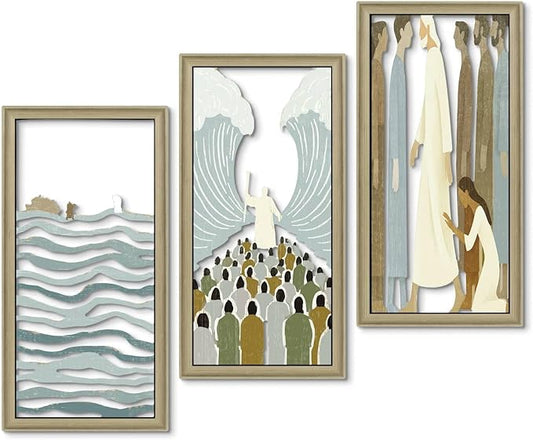Putuo Decor Christian Wall Art Set of 3, Red Sea Bible Story Religious Wall Decor, Framed Jesus and Bible Verse Prints, Neutral Modern Boho Scripture Artwork for Church Living Room Bedroom, 16x8 Inch