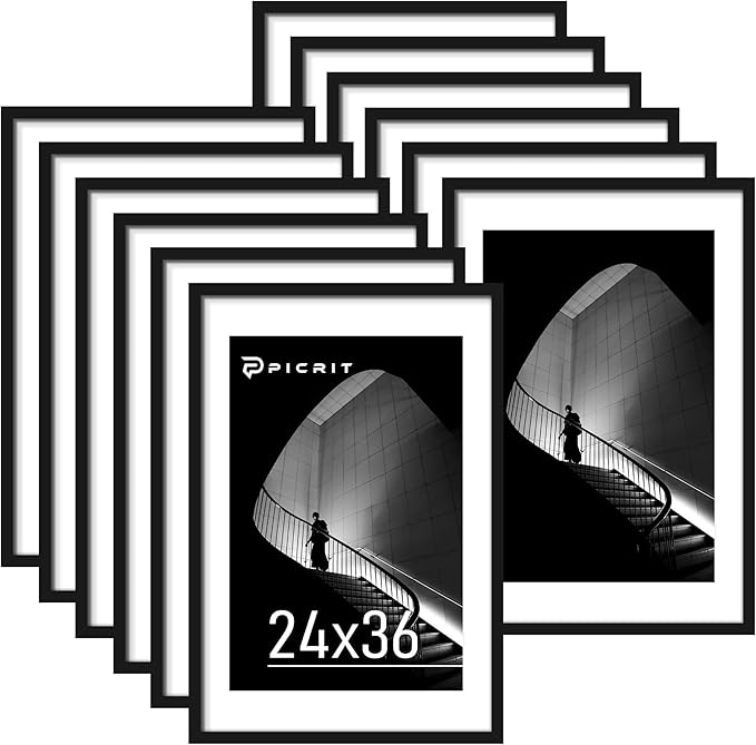 Picrit 24x36 Poster Frame Set of 12, Display 20 x 30 with Mat or 24 x 36 without Mat, Photo Picture Frames for Wall Mounting Display, Black