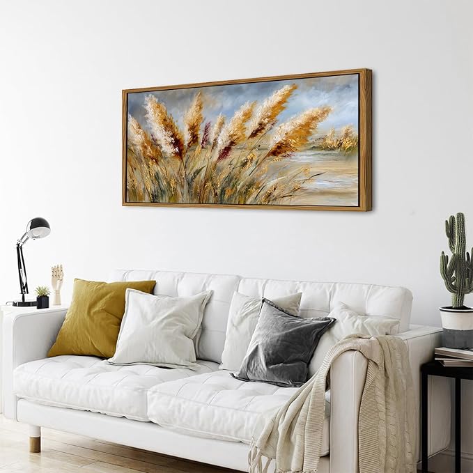 Countryside Golden Wheat Field Framed Canvas Wall Art Vintage Nature Landscape Pictures Wall Decor for Bedroom Kitchen Farmhouse Crops Landscape Painting Prints Boho Artwork Home Decorations 24x48