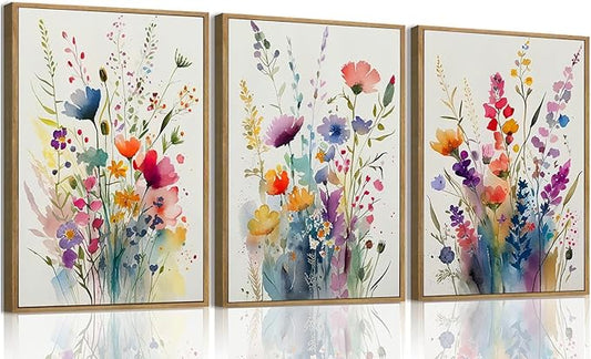 KISSFOX 3 Piece Colorful Wildflower Botanical Framed Wall Art Watercolor Floral Canvas Art Prints Boho Flower Pictures Wall Decor Modern Minimalism Paintings Artwork Girls Bedroom Living Room Bathroom