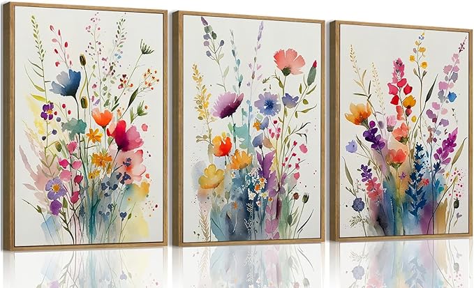 KISSFOX Framed Colorful Wildflower Canvas Wall Art Set Of 3 Flowers Pictures Prints Flowers Printing Floral Watercolors Flower wall Decor Living Room Girls Bedroom Bathroom
