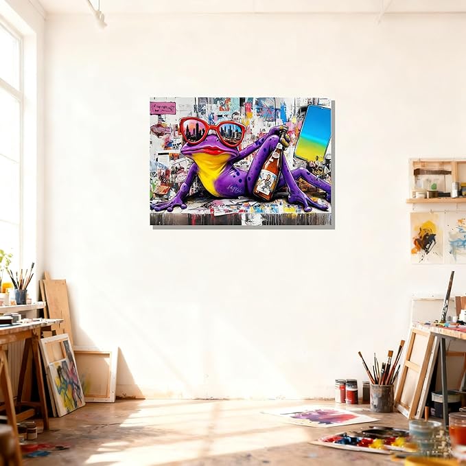 16x24 Urban Graffiti Purple Frog with Sunglasses Wall Art Canvas Painting Gallery Pop Art Street Artwork Decor Teen Little Boys Room Pictures Kids Bedroom Framed Posters for Men Office Living room