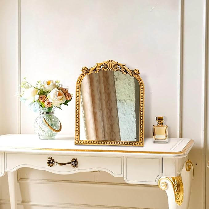 Vintage Makeup Mirror with Stand : 12.1"x9.8" Arched Antique Gold Vanity Mirror for Dresser - Baroque Standing Tabletop Ornate Decor for Desk/Living Room/Bedroom