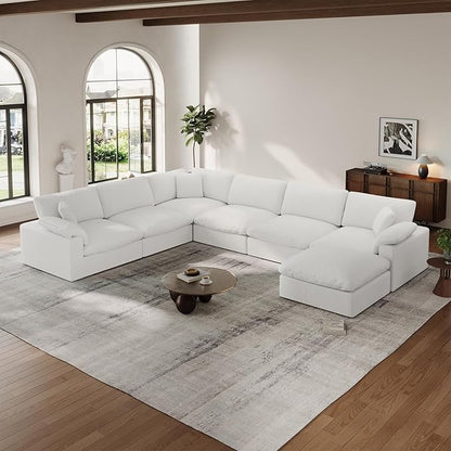 Cloud Modular Couch for Living Room,7 Seater U Shape Linen Blend Sofas,Modern Deep Seat Cloud Sofas,Convertible Comfort Down Filled Sectional Couches,Removable Washable Cushion Covers,White