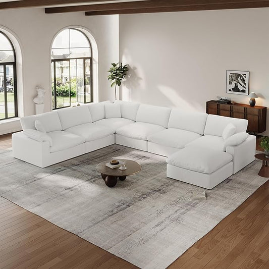 Cloud Modular Couch for Living Room,7 Seater U Shape Linen Blend Sofas,Modern Deep Seat Cloud Sofas,Convertible Comfort Down Filled Sectional Couches,Removable Washable Cushion Covers,White