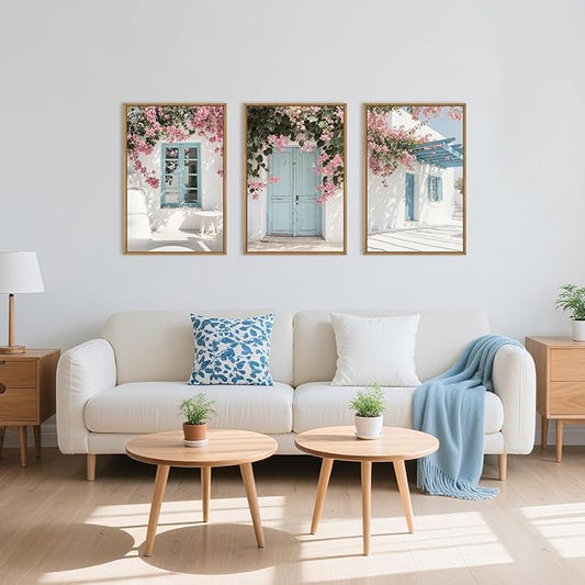 HOURIA Spring Modern Greek Island Cityscape Framed Canvas Wall Art Set,European White House Blue Door Shutter Landscape Wall Decor,Santorini Natural Pink Flower Artwork for Living Room, Bedroom-24"x36"x3