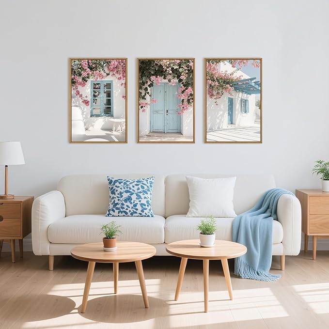 HOURIA Spring Modern Greek Island Cityscape Framed Canvas Wall Art Set,European White House Blue Door Shutter Landscape Wall Decor,Santorini Natural Pink Flower Artwork for Living Room, Bedroom-16"x24"x3
