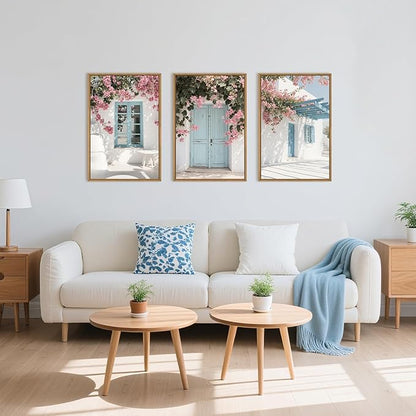 HOURIA Spring Modern Greek Island Cityscape Framed Canvas Wall Art Set,European White House Blue Door Shutter Landscape Wall Decor,Santorini Natural Pink Flower Artwork for Living Room, Bedroom-16"x24"x3