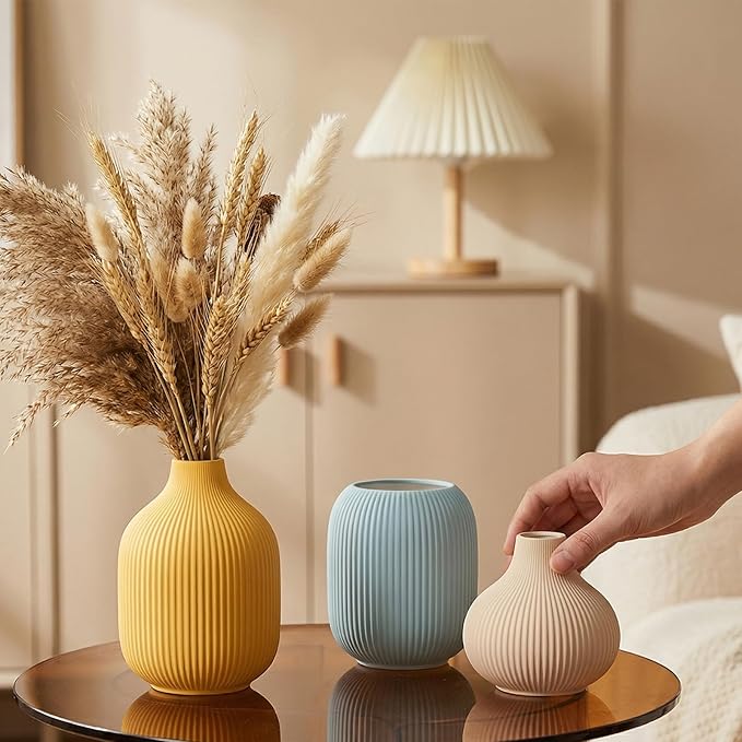 Colorful Small Ceramic Vases Set of 3, Matte Vertical Ribbed, Minimalist for Pampas Dried & Fresh Flowers, Centerpiece for Living Room,Shelf, Wedding (Light Blue, Mustard Yellow, Beige)